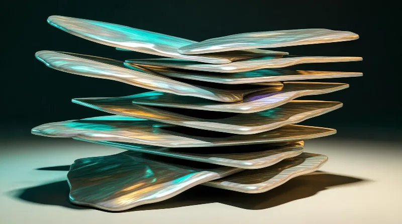A stack of wavy metallic plates with iridescent teal and gold hues arranged in a layered floating composition against a dark backdrop
