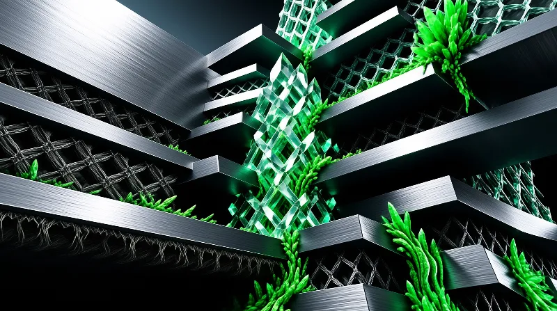 Brushed metal beams and mesh panels stack diagonally as glowing green shards and moss push through the joints.