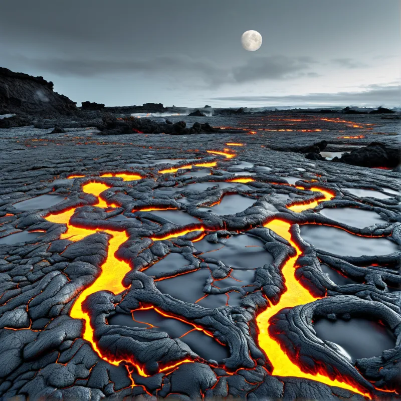 Bright orange lava streams cut through cooling black rock across a wide volcanic landscape under a pale full moon.
