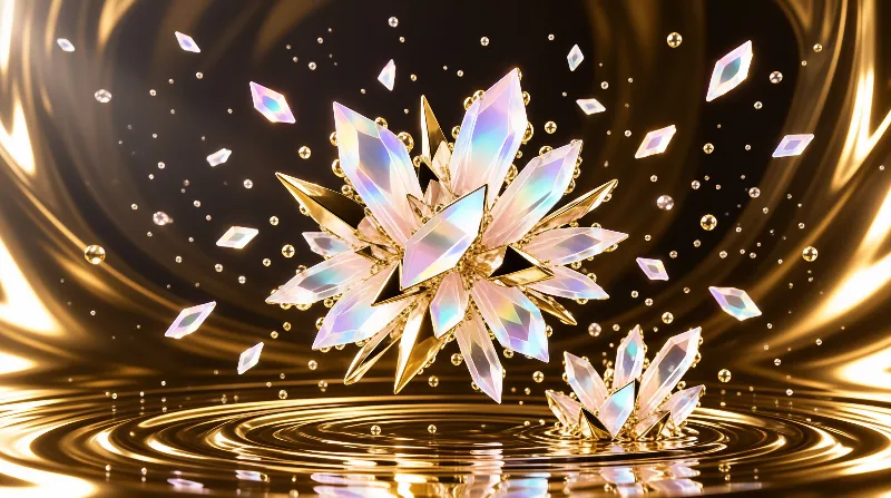 Shiny iridescent crystals float above rippling golden waves inside a dark swirling vortex of light.