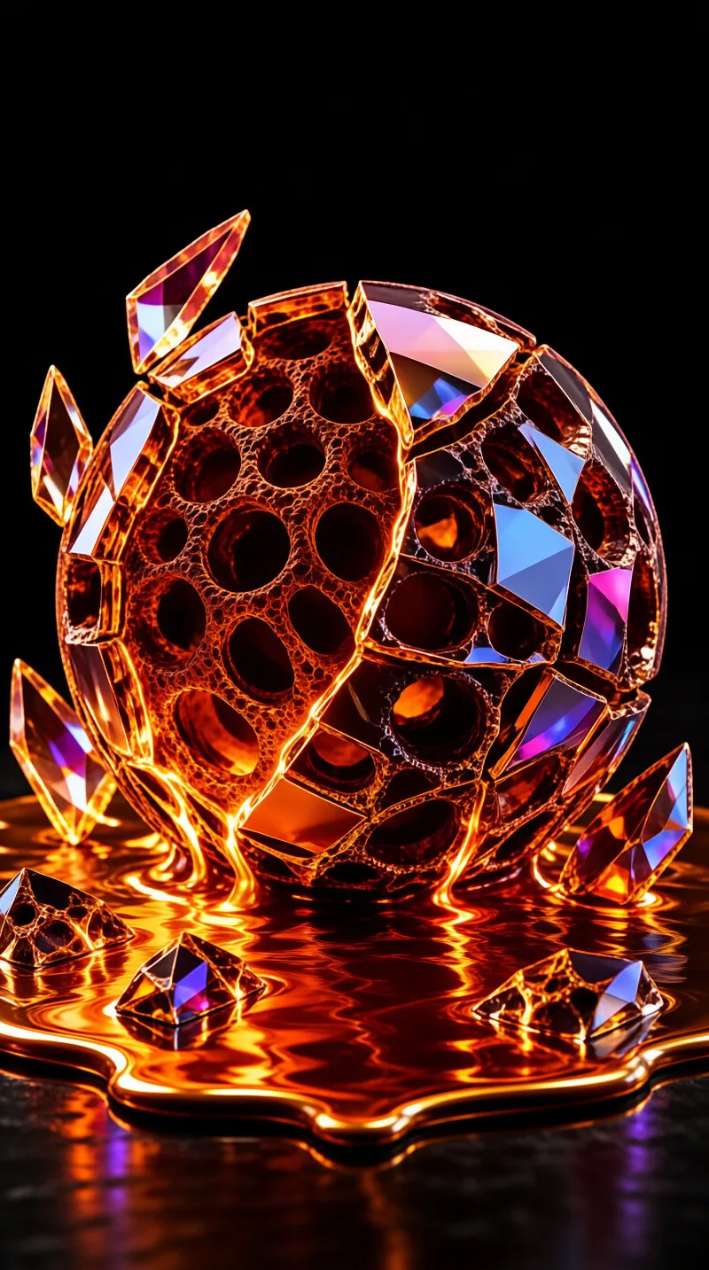A glowing honey colored lattice sphere studded with rainbow crystal shards rests on molten reflective ground.
