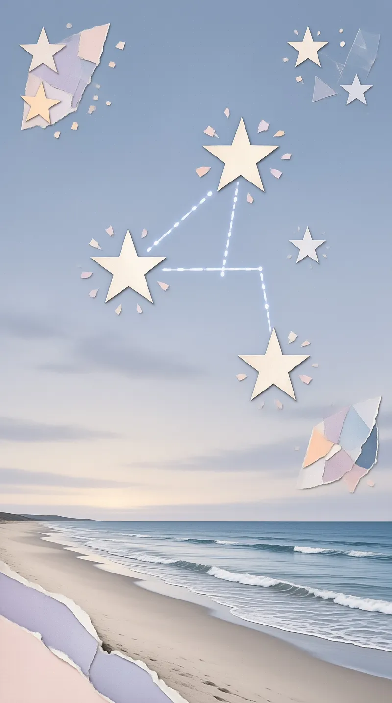 Paper star cutouts arranged as a constellation float above a gentle dusk beach with pale sand and calm blue sea.