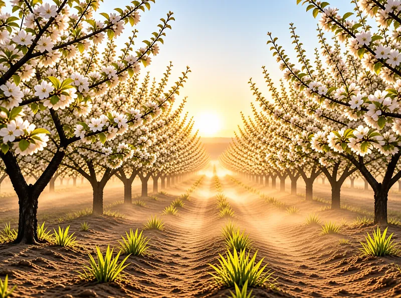 White flowered trees stand in neat lines over rippled soil as low sun burns through the morning mist between them.