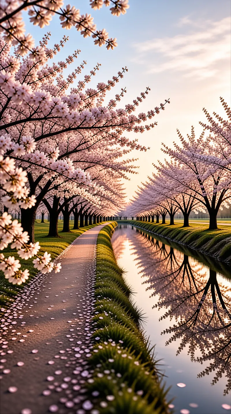 A row of blooming cherry trees lines a quiet canal path during a warm sunset.