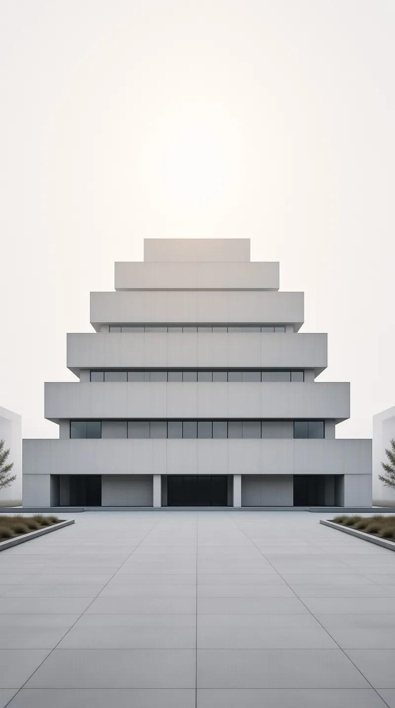 A stepped white building rises above a wide paved courtyard with horizontal window bands under grey sky.