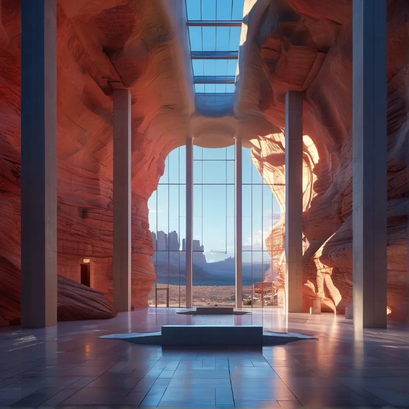 A modern interior carved into red sandstone featuring concrete pillars and glass walls overlooking a desert.