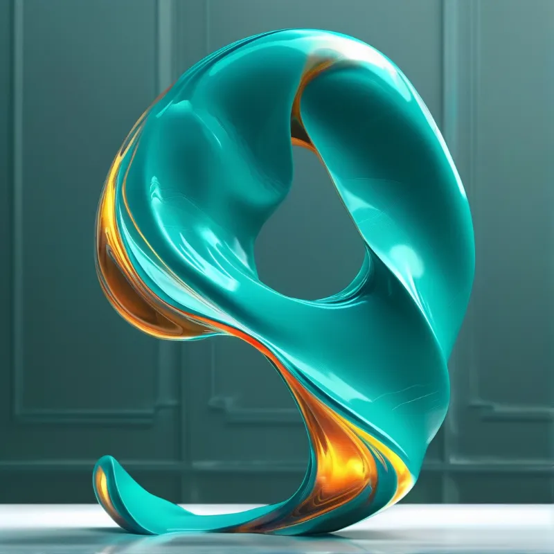 A smooth fluid shape with orange streaks rests on a floor before blue wainscoting.
