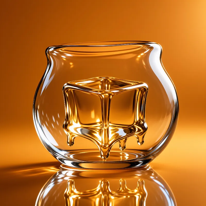 Transparent glass pitcher encases a melting golden cube suspended in thick syrup against a warm orange backdrop.