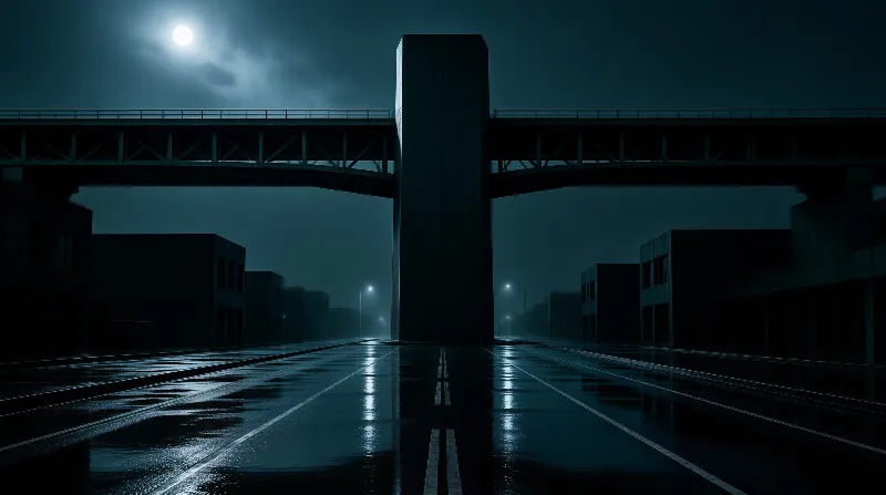 A huge concrete pillar rises above a wet city street at night under a moonlit sky with blue tones.