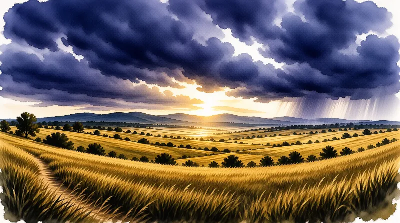 Rolling grassy hills stretch toward mountains while sunlight bursts through heavy dark blue storm clouds gathering above.