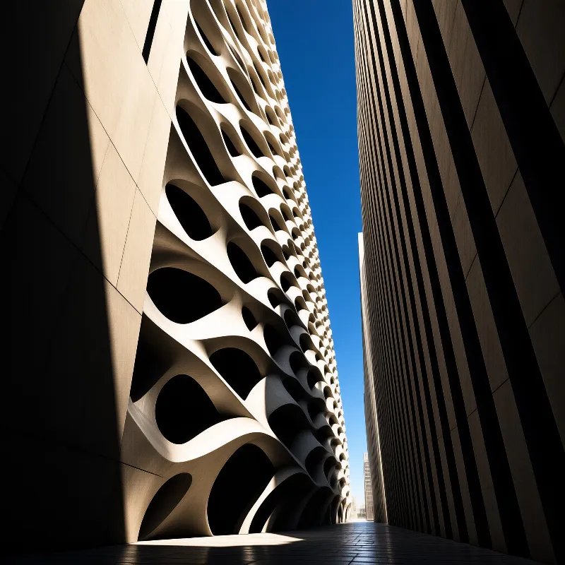 A low angle view captures contrasting architectural surfaces beneath a clear blue sky.