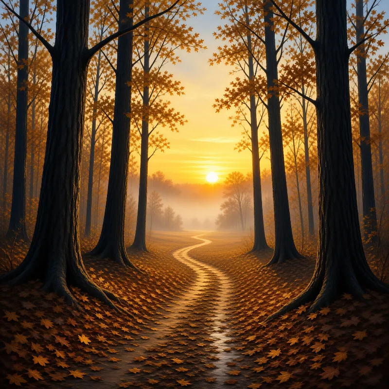 A winding dirt path covered in fallen leaves stretches through tall trees towards a bright sunrise on the horizon.