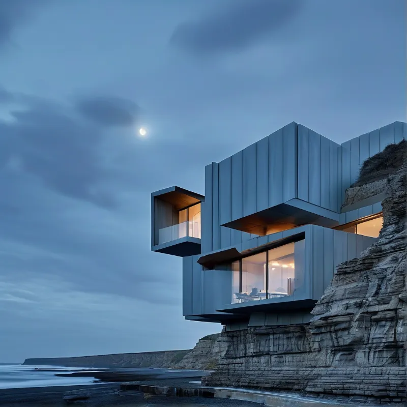 A geometric building protrudes from a steep rocky cliff, its large windows emitting a warm glow against the cool blue sky.