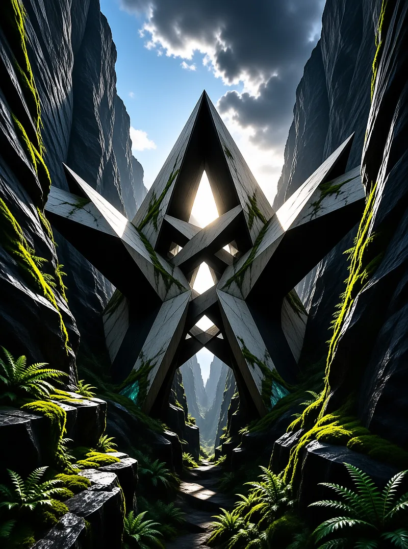 A large geometric stone structure stands in a mossy valley with sunlight shining through its central triangular opening.