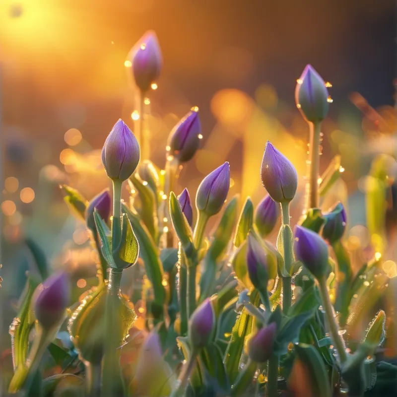 Purple unopened tulip buds grow in a field, backlit by warm golden sunrise light, with dewdrops glinting on their petals.