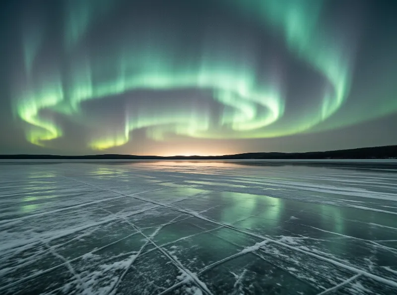 Bright green northern lights curve across the night sky above a cracked and frozen body of water reflecting the glow.