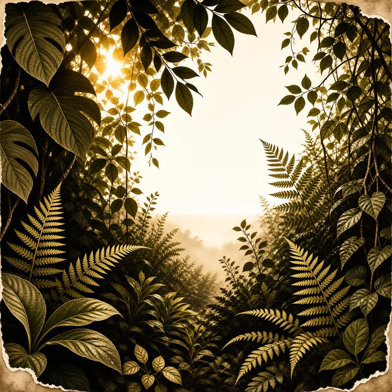 Dense green ferns and leaves surround bright sunlight filtering through a misty forest canopy in vintage style.