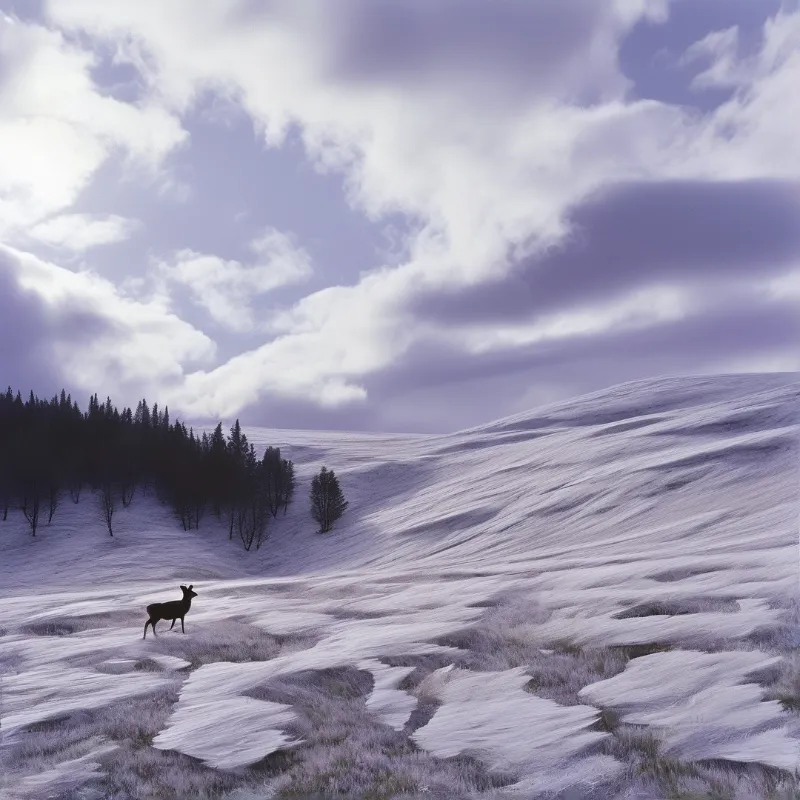 A dark deer stands on wind carved snow dunes under a moody purple sky filled with scattered clouds.