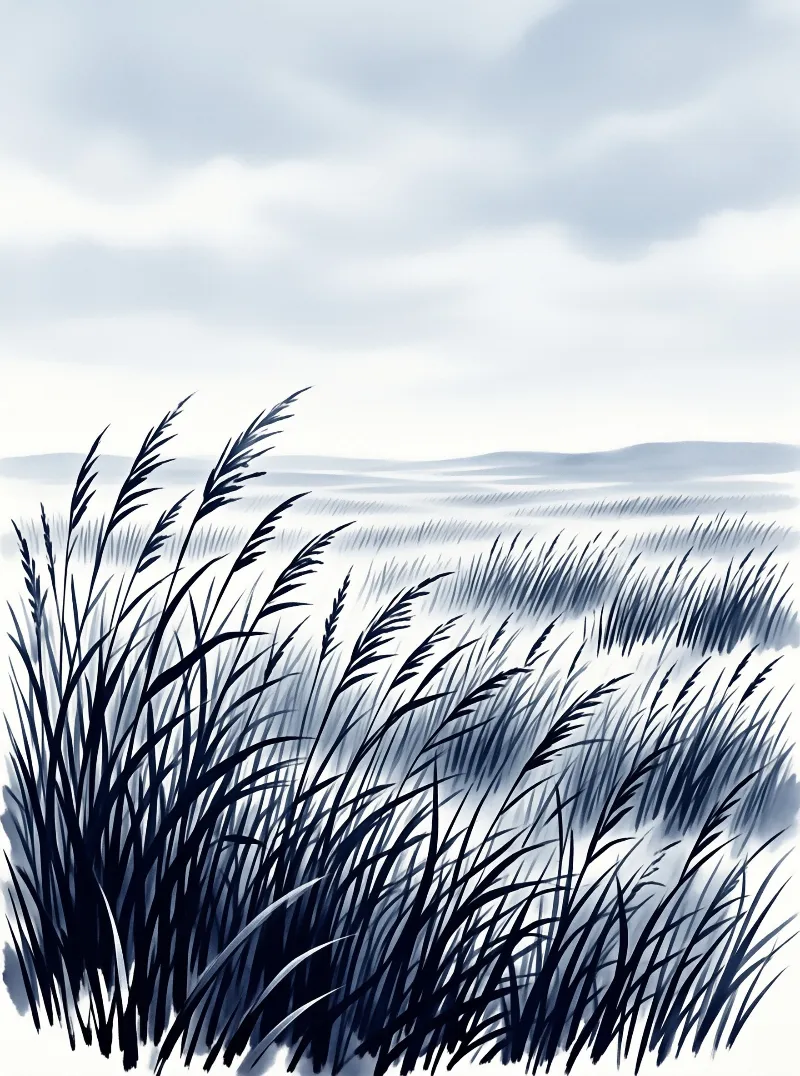 Tall dark blue grasses stand in the foreground before misty white fields and distant hills under a cloudy sky.