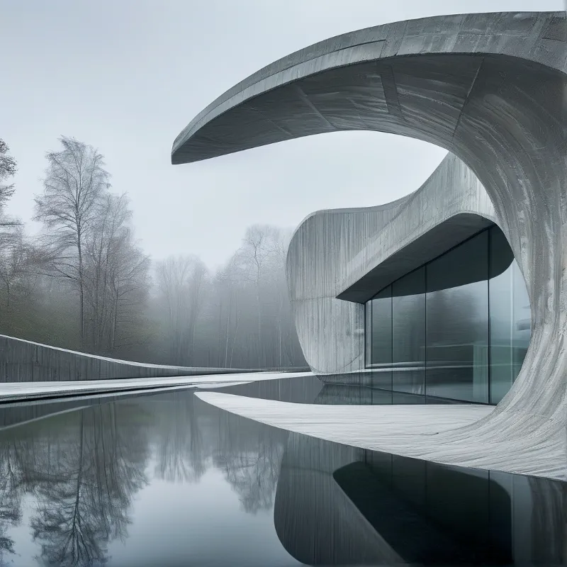 A sweeping cantilevered concrete roof shelters glass walls above a mirror-calm pool in a foggy wood.