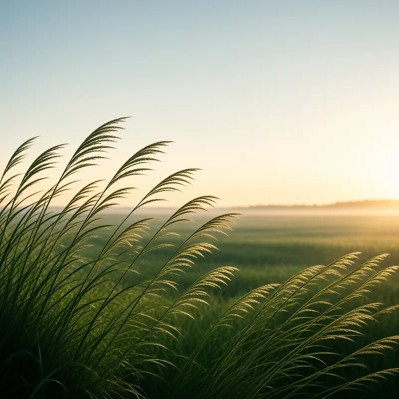 Tall blades of grass curve against a soft gradient sky transitioning from blue to warm orange near the horizon line.