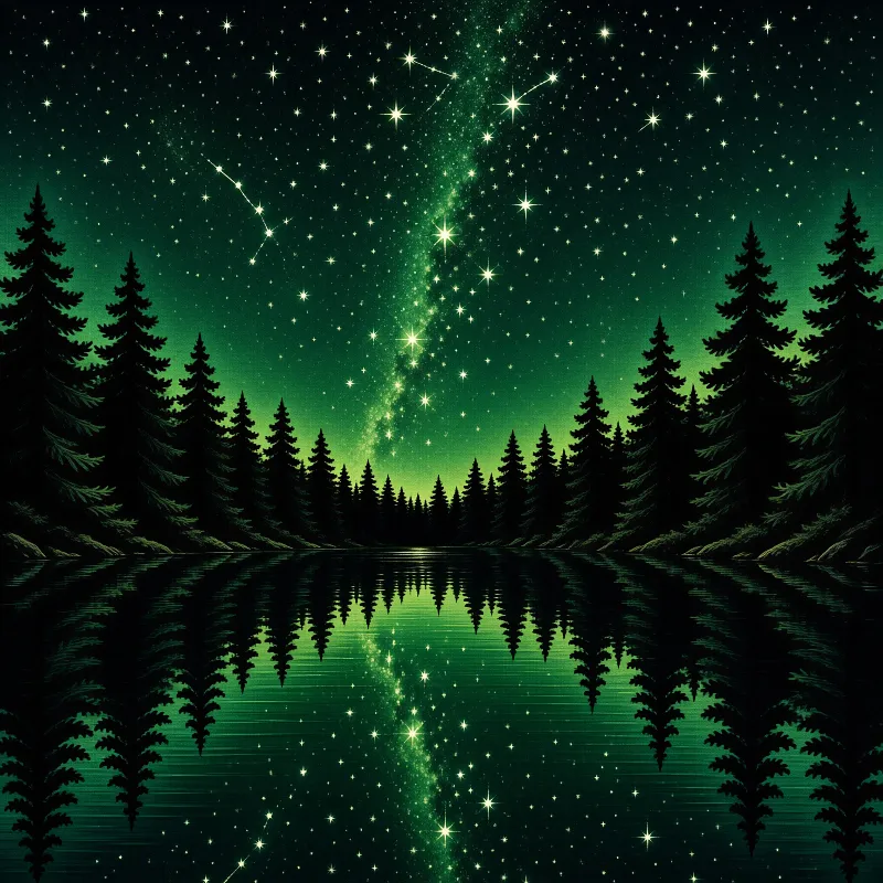 Still dark waters mirror an evergreen forest silhouette below a vivid green starry sky full of bright stellar points.