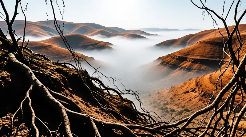 Twisted bare branches and exposed roots in the foreground overlook a valley where white mist drifts between sunlit ridges.