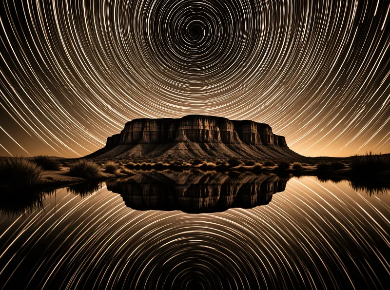 Concentric arcs of star trails swirl above a flat topped rock formation mirrored in a still desert pool.