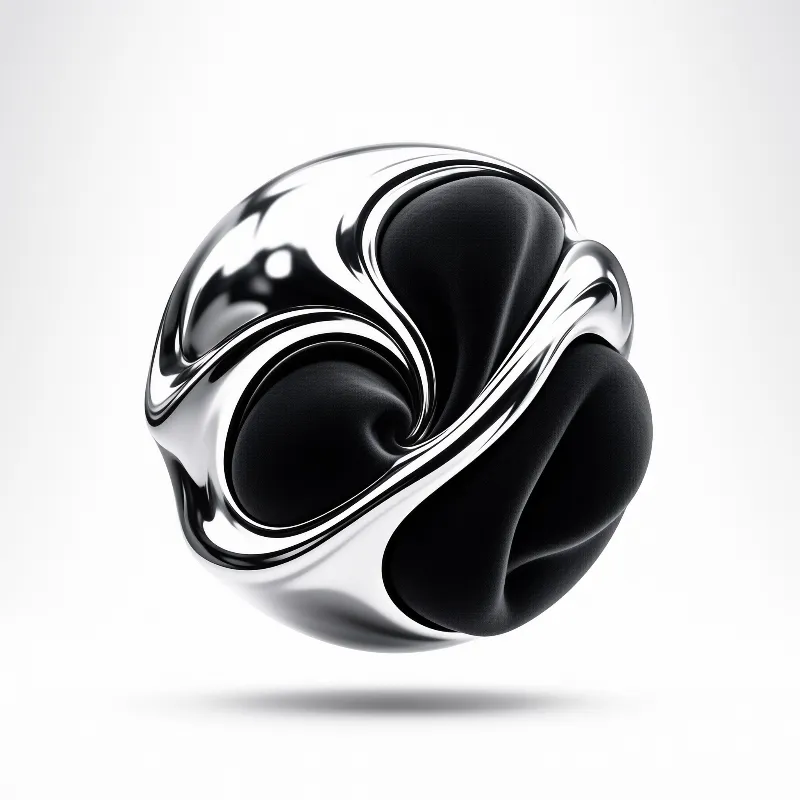A polished chrome orb folded around matte black velvet cushions against a clean pale backdrop