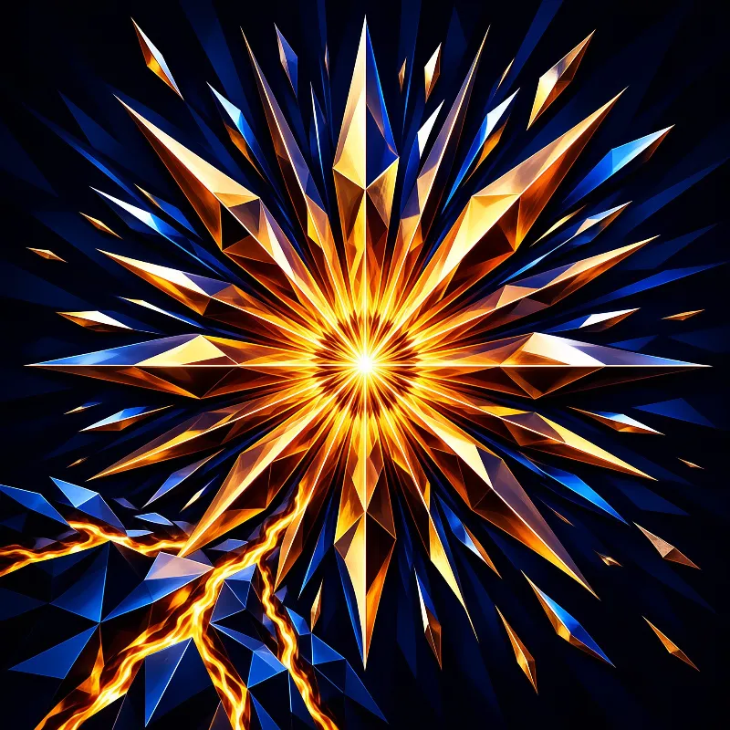 An abstract radial burst of faceted golden and cobalt blue shards exploding outward on a dark navy background.
