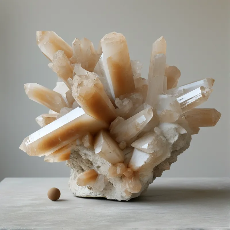Hexagonal crystal points tinted amber grow from a rough pale base on a smooth table in soft daylight.