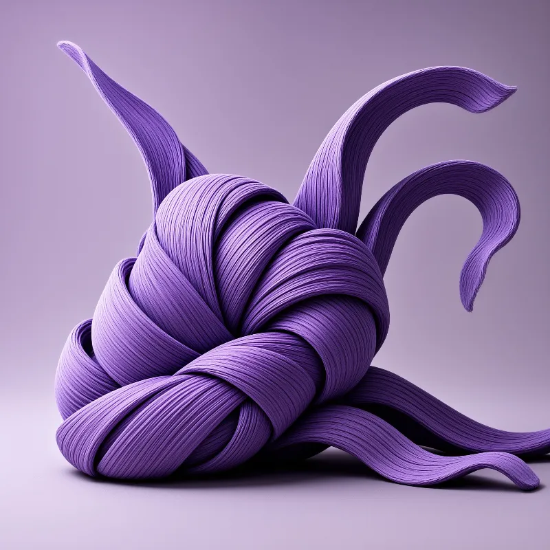 A twisted purple fabric structure rests on a smooth surface illuminated by soft diffused studio lighting.