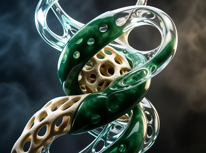 Interlocking loops of glossy green glass and chrome intertwine with porous bone textures against a dark background.