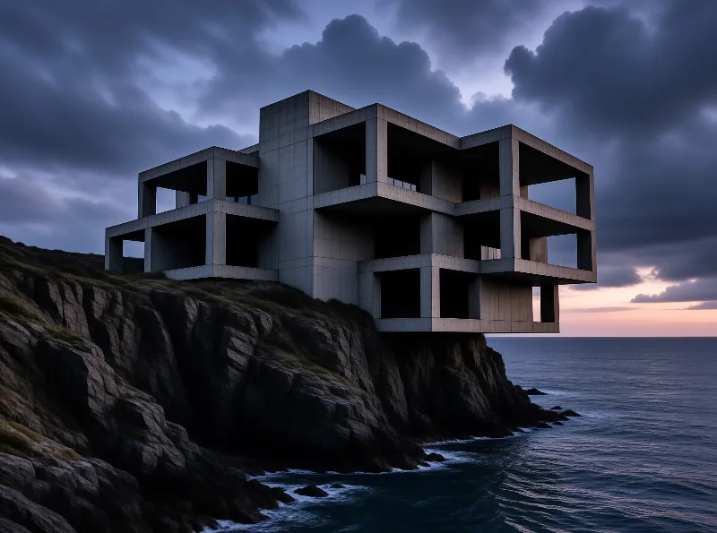 A geometric concrete building rests on a rocky cliff above the sea during a moody dusk.