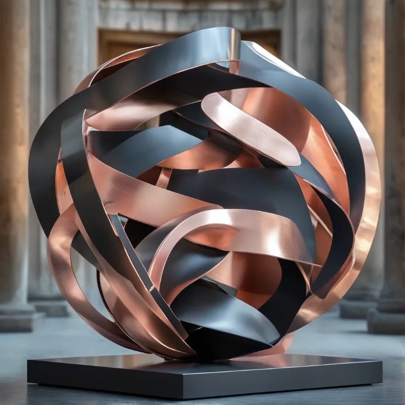 Abstract metal knot sculpture with copper and steel tones rests on a pedestal in a colonnade.