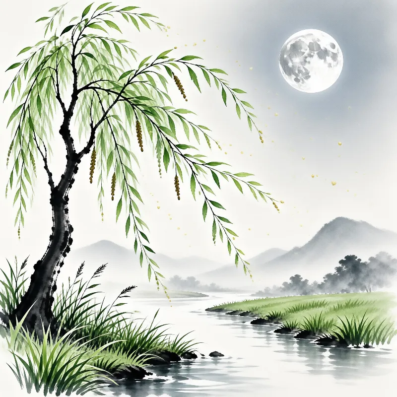 An ink wash painting shows a drooping willow over calm water with misty mountains and a pale moon.