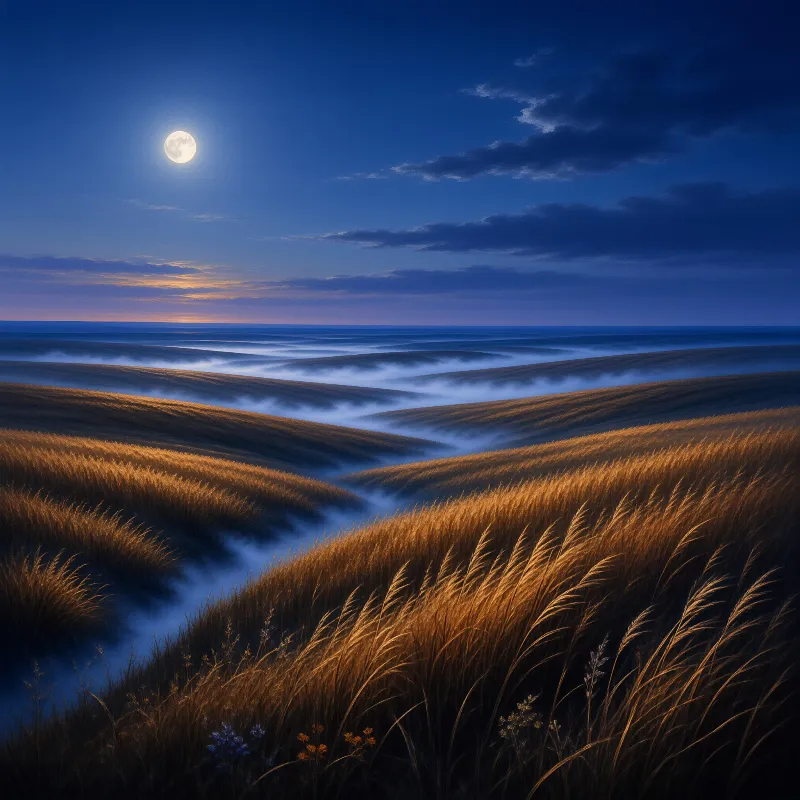 Golden prairie slopes into misty valleys under a bright full moon in a deep blue night sky.
