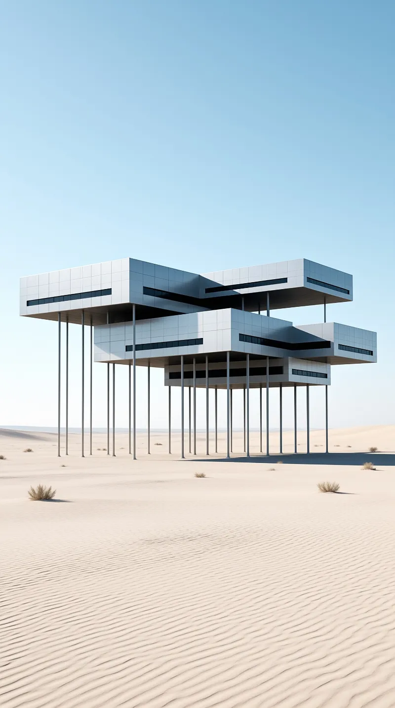 A futuristic white building supported by thin pillars stands alone in a sandy desert under a bright blue sky.
