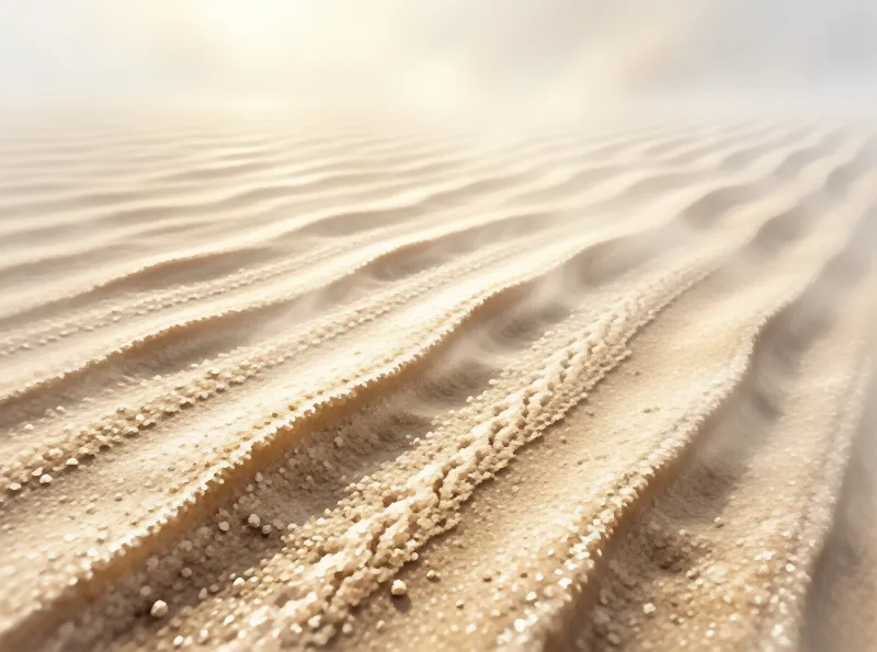 Close-up view of textured sand ripples stretching toward a hazy horizon under bright warm sunlight with soft shadows