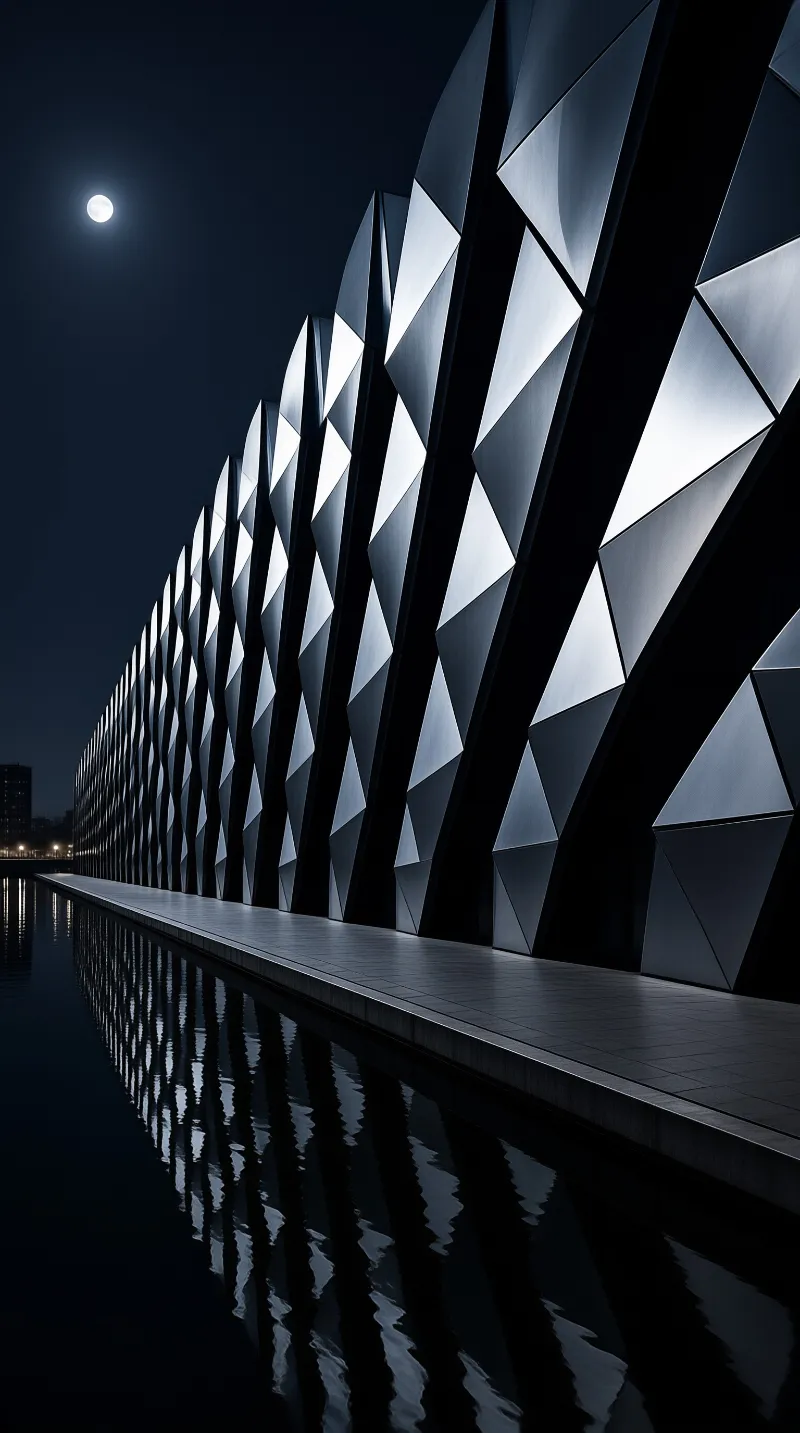 Angular white panels fold along a dark waterfront building while moonlight reflects in the still water below.