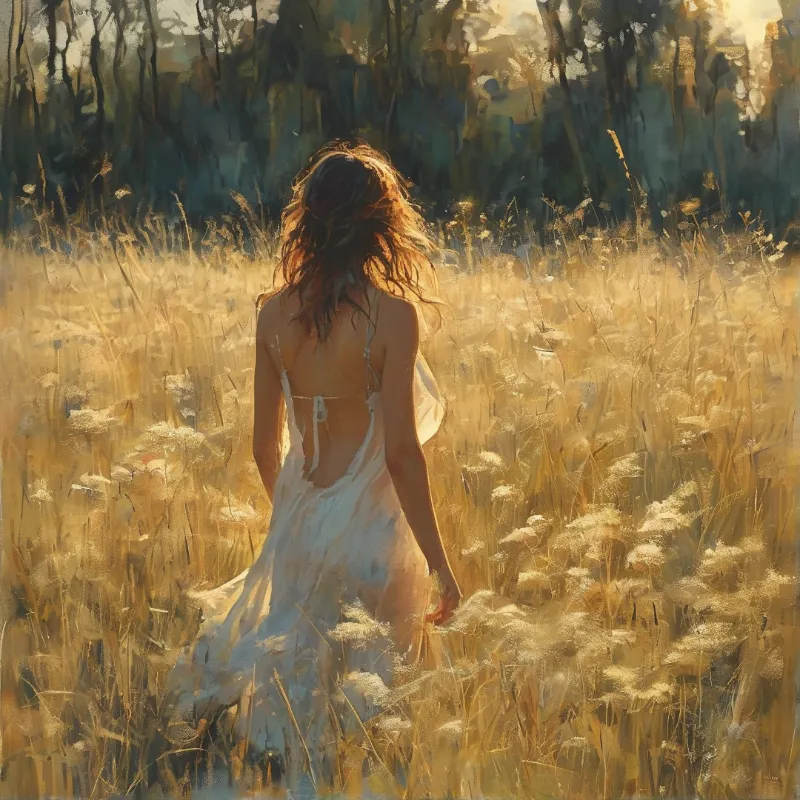 A woman viewed from behind stands in a sun-drenched wheat field, warm golden light hitting her hair and the tall grass around her as forest looms in the dark background.