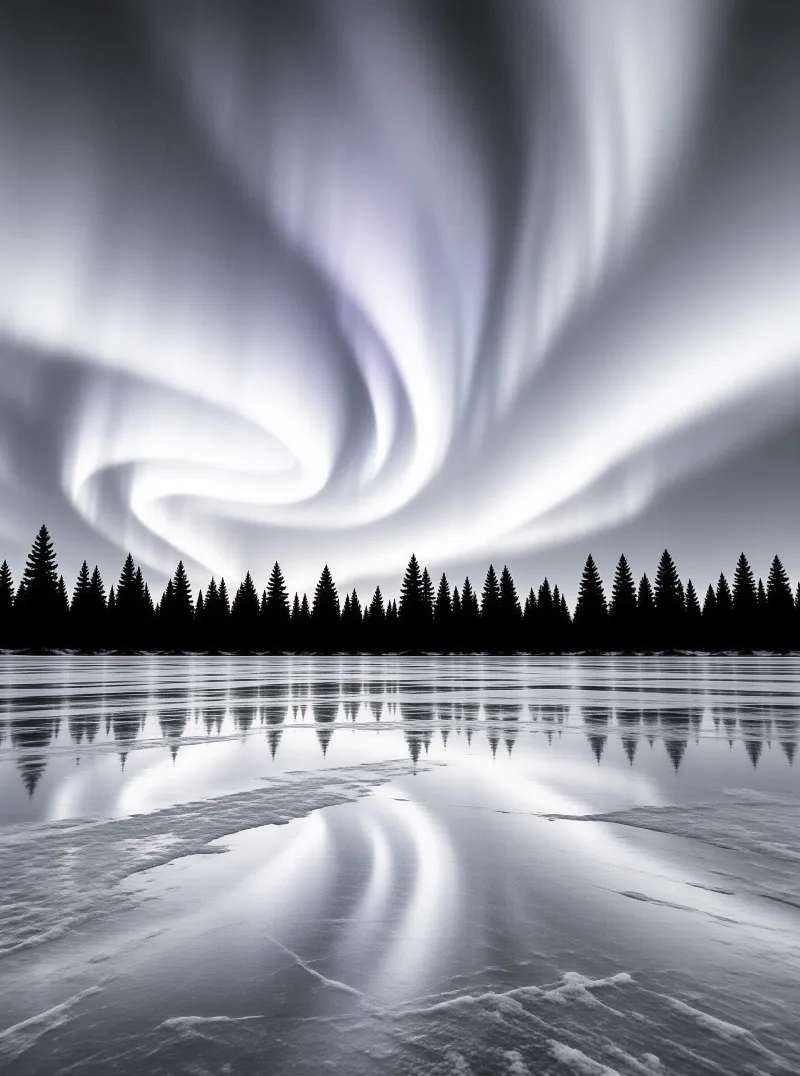Swirling white aurora lights dance above a dark treeline and reflect onto the icy surface of a frozen lake at night.