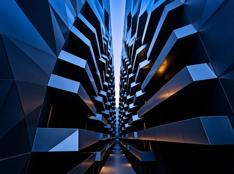 Two futuristic buildings with angular facades create a narrow passage under a blue sky with warm lighting accents.