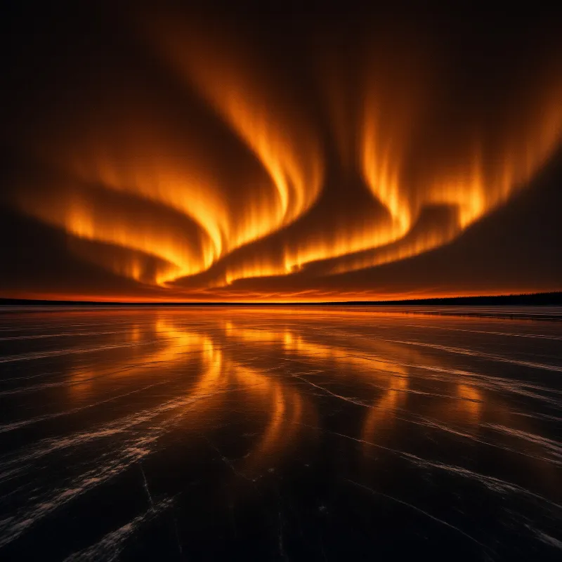 Ribbons of glowing orange light sweep across a dark winter sky and mirror on a cracked frozen lake below.