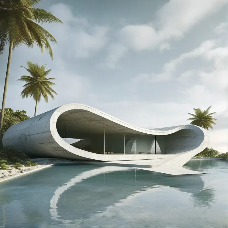 White curved concrete building overlooking calm water with tall palm trees against a cloudy sky.