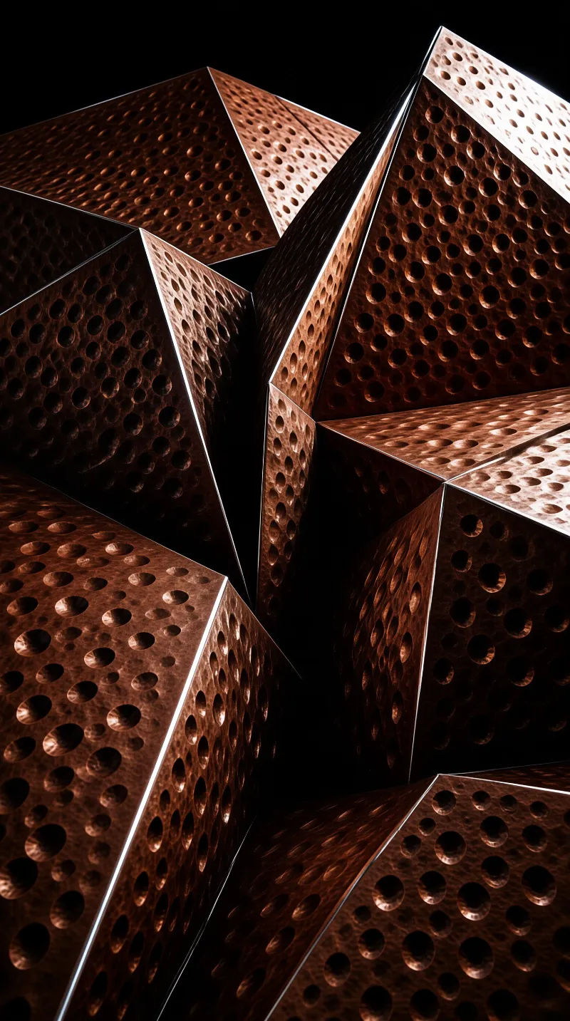 Faceted copper star shapes pierced with a grid of holes glow against a deep black background.
