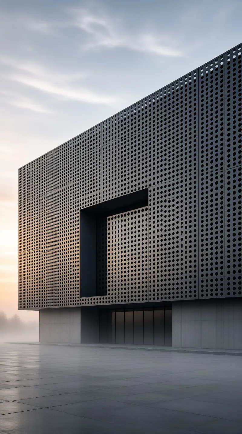 A dark wall covered in tiny round perforations frames a deep recessed opening above a misty stone plaza.