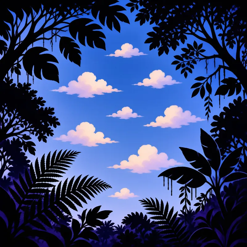 Dark tropical foliage silhouettes border the view of soft pink cumulus clouds against a vivid blue sky.