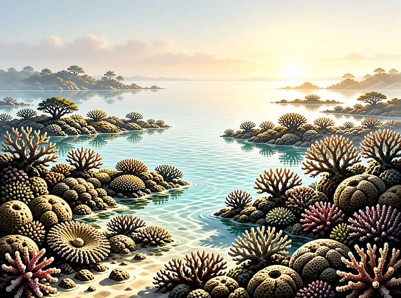 A lush reef featuring pink and green coral clusters reflects the soft golden light of a rising sun over calm shallow waters.