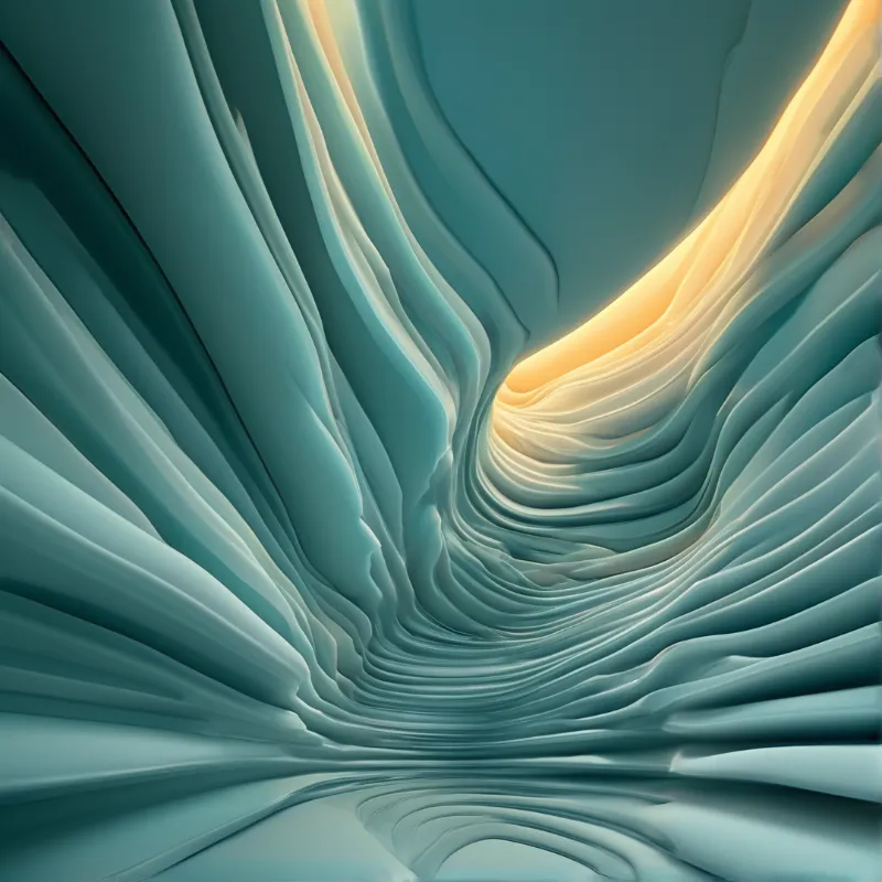 A surreal landscape featuring smooth teal waves shaped like a canyon illuminated by a warm golden beam of light.